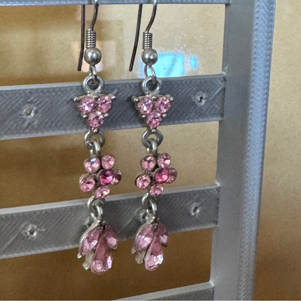 Pink Rhinestone Dangle Earrings - Picture 6 of 6